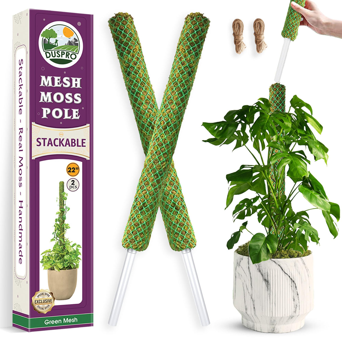 DUSPRO 2 Pack 22" Green Stackable Mesh Moss Pole for Plants – Extendable Up to 39", Natural Forest Moss Pole Monstera Plant Support, Moss Stick for Climbing Plants, Indoor Plant Stakes Accessories