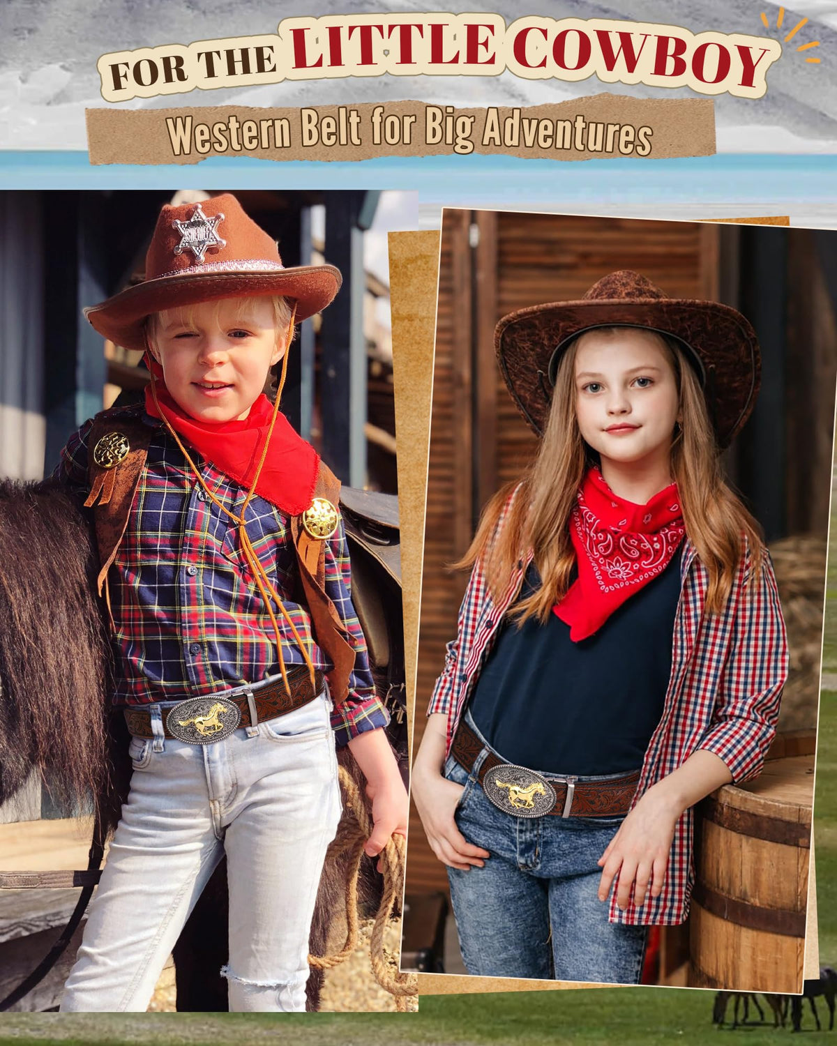 AWAYTR Kids Ratchet Western Belt - PU Leather Cowboy Belt Adjustable Toddler to Big Kid Sizes for Jeans (Gunmetal Gold Horse-Dark Brown, Fit Waist: 30.5"-35")