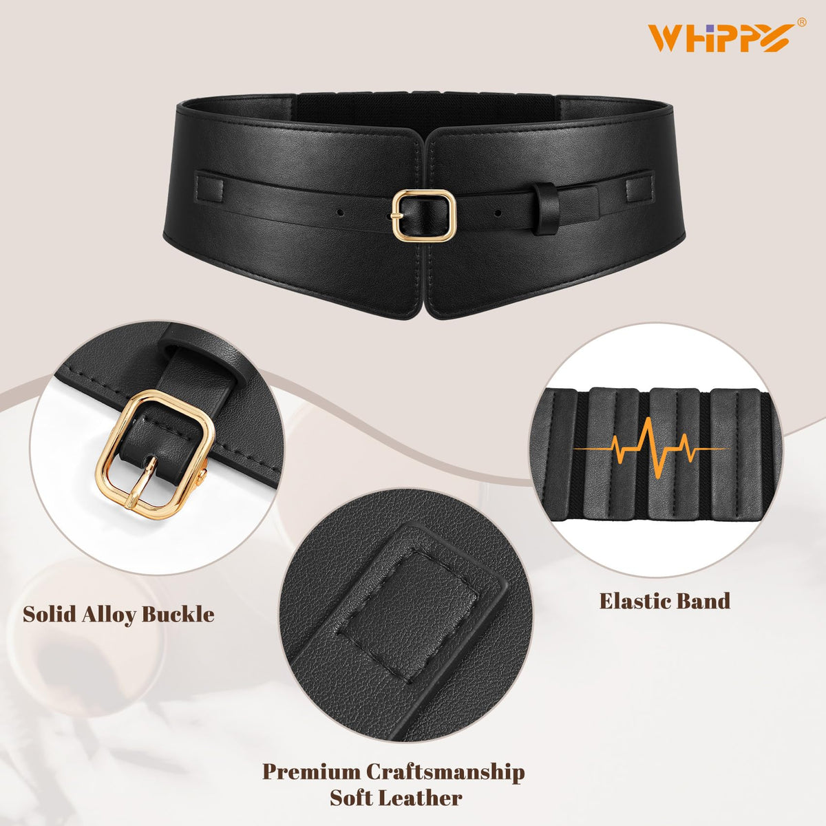 WHIPPY Women Wide Elastic Waist Belt Wide Leather Stretch Belt Fashion Ladies Waistband for Dresses, Black, M