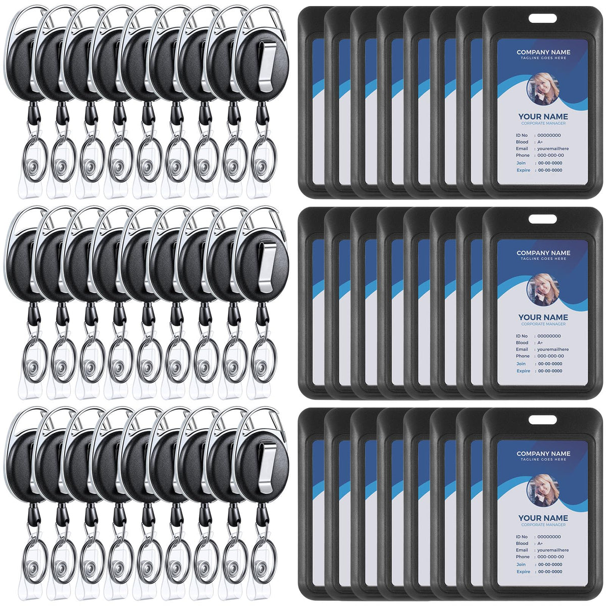 Dispowreath 24 Pack Sliding Badge Holder with Retractable Clip Black Vertical Plastic ID Card Case Protector, Heavy Duty Badge Reel ID Holders for Keychain Key Card Nurse Office Credit License