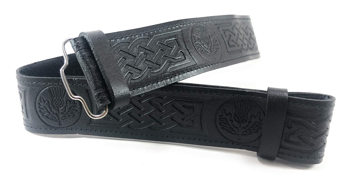 KSUC Black Leather Scottish Highland Kilt Belt With Thistle Embossed Design (Extra Large)