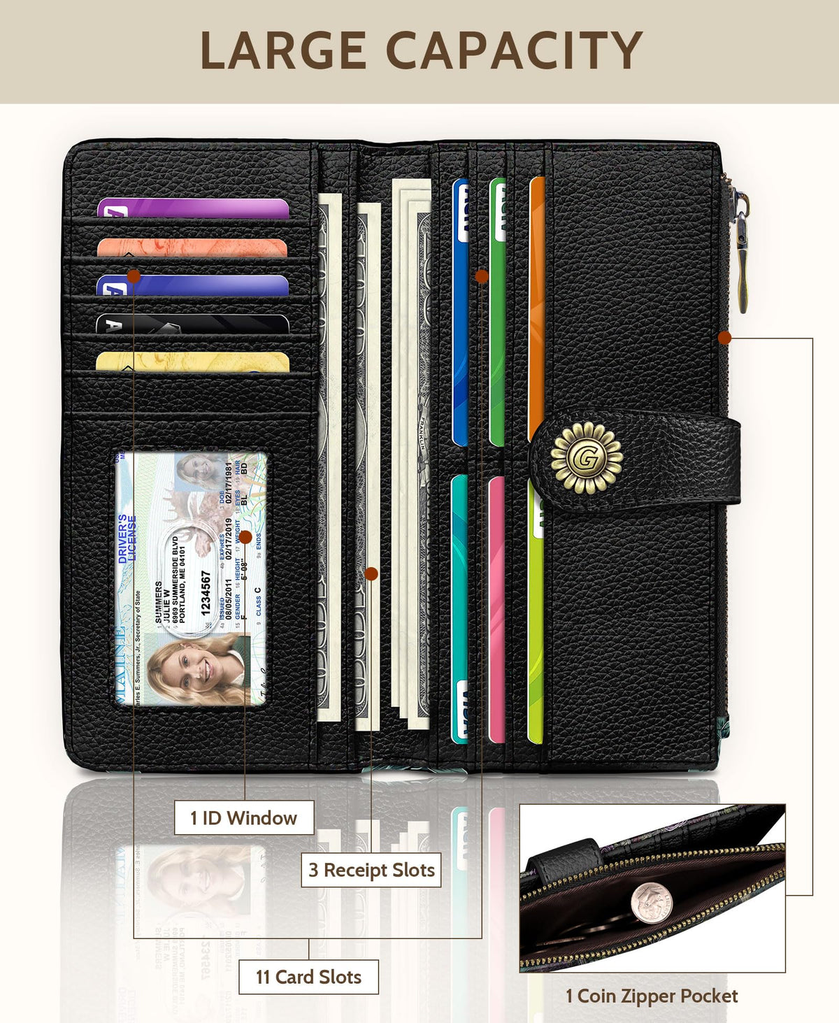 GIANCOMICS Goth Book Shelf Womens Wallet RFID Blocking, Gothic Skull Witchy Credit Card Holder Bifold, PU Leather Travel Billfold, Long Cute Cash Purse, Zipper Coin Pocket Clutch, Ladies Gift Woman