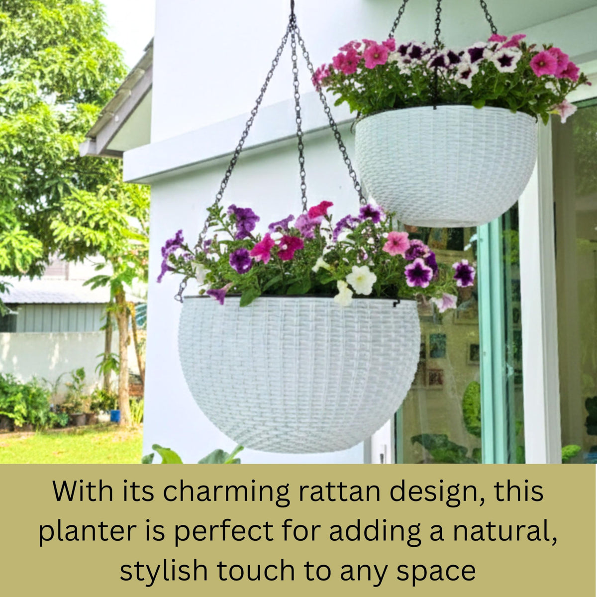LaLaGreen Bundle- 4 Pack, 14 Inch Rectangular Self Watering Planter + 2 Pack, 11 Inch Round Self Watering Basket Rattan Style Balcony Flower Pot Window Wall Mount Plants Boxes Modern Home Garden Decor