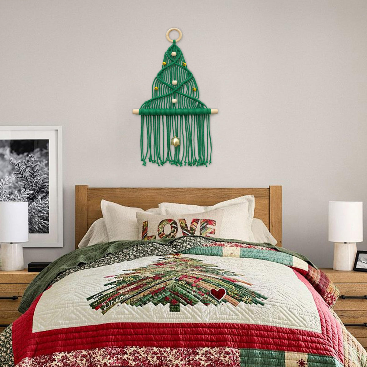 HVEST Green Macrame Christmas Tree Wall Hanging- Macrame Christmas Ornaments- Boho Xmas Gifts- Handmade Woven Tapestry for Bedroom Living Room Holiday Decorations, 16L X 10W