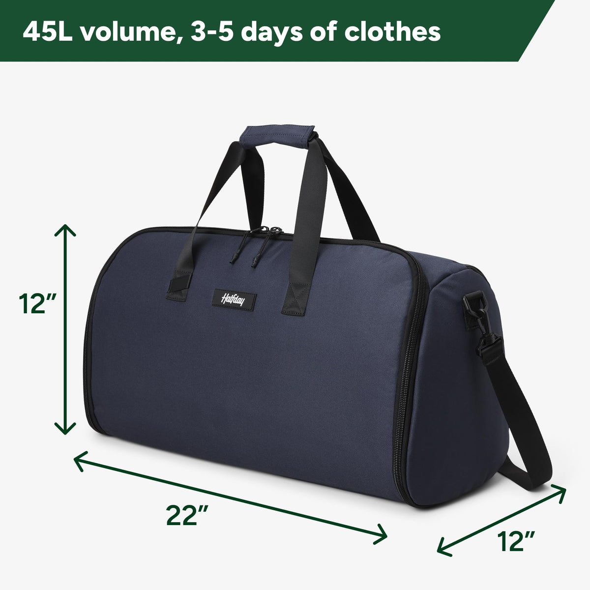 Halfday Convertible 2-in-1 Garment Duffel Weekender Bag 45L: Wrinkle-Free Travel (Hanging Suit Compartment, Shoe Pockets, Trolley Sleeve), Durable & Water-Resistant Carry-on, Marine