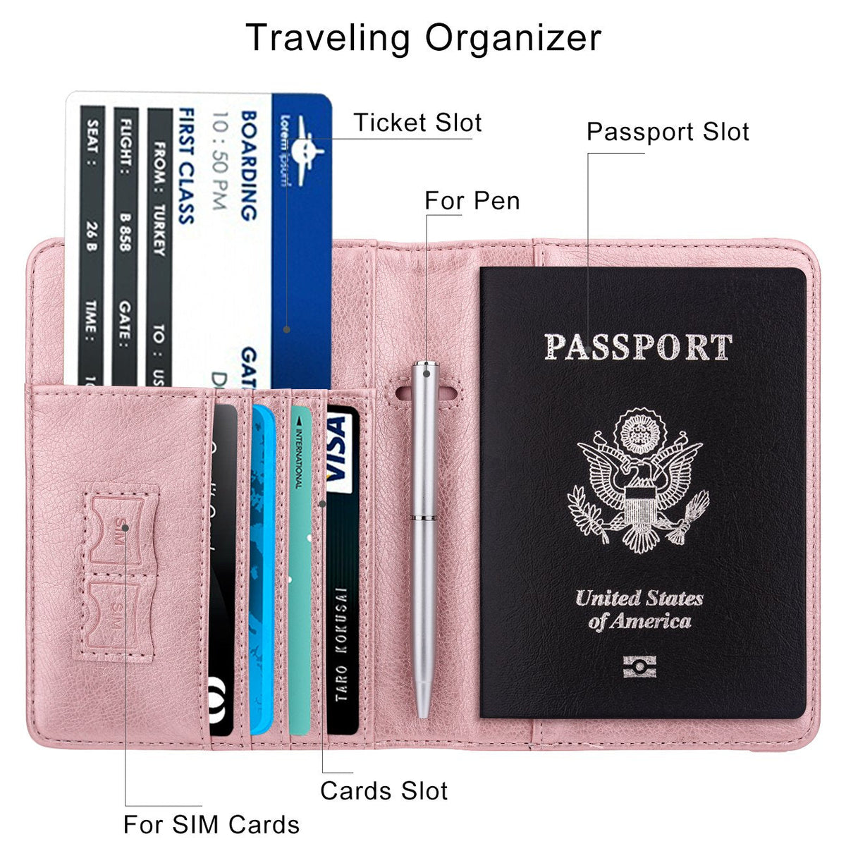 WALNEW Passport Holder for Travel, RFID Passport Cover Wallet for Women Men, PU Leather Passport Book Card Holder Case with Pen, Travelling Essentials for Flying
