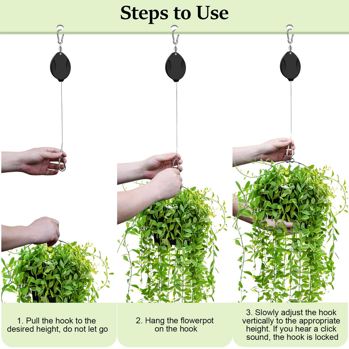 ZUZUAN 2Pcs Upgraded Heavy Duty Retractable Plant Hanger,Plant Pulleys for Hanging Plants,Easy to Raise and Lower,Auto Lock,Adjustable Hook for Garden Baskets Pots,Birds Feeder and Wind Chime,Black