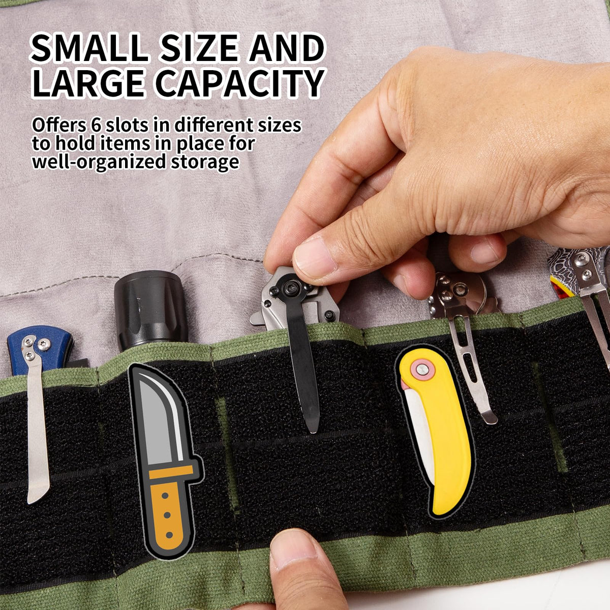 Baizoy Pocket Knife Display Bag,6 Slots with Pocket Knives, Folding Small Knife Storage Pouch, Knife Roll Bag Organizer, Knives Roll Collection Protector Bag, Tactical Outdoor for EDC Mini Knife Bags