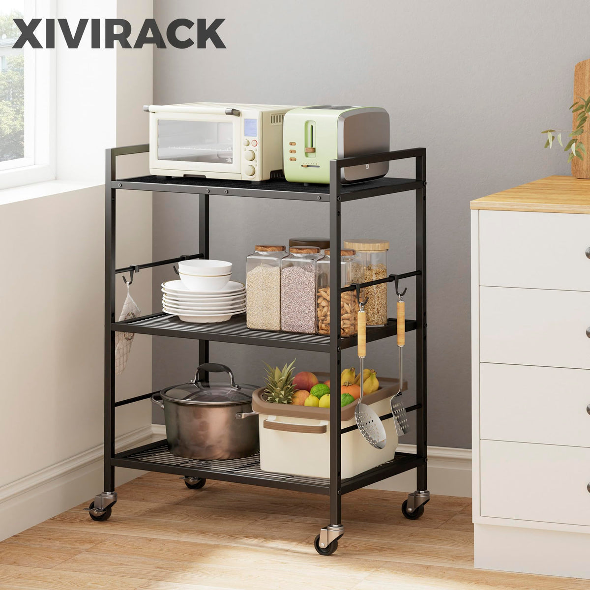 XIVIRACK 3-Tier Metal Storage Rack with Industrial Wheels,Mesh Shelving Unit with Wooden Table top,Adjustable Shelf,23.6-Inch Width,15.8-Inch Depth, for Kitchen, Laundry,Pantry,Plant,Black panel