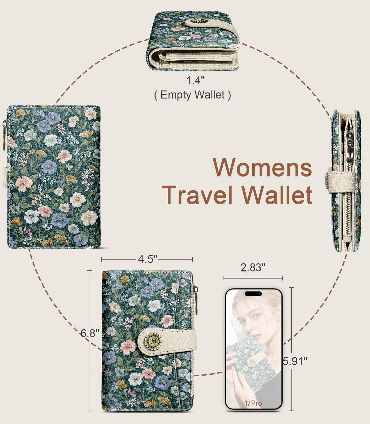 Flower Wallet Women RFID Blocking Bifold, Cute Passport Holder, Zipper Coin Pocket, Credit Card Holder, Travel billfold, PU Leather, Clutch, Cash Purse, Pen Holder, Gift for Woman Ladies Female Girls