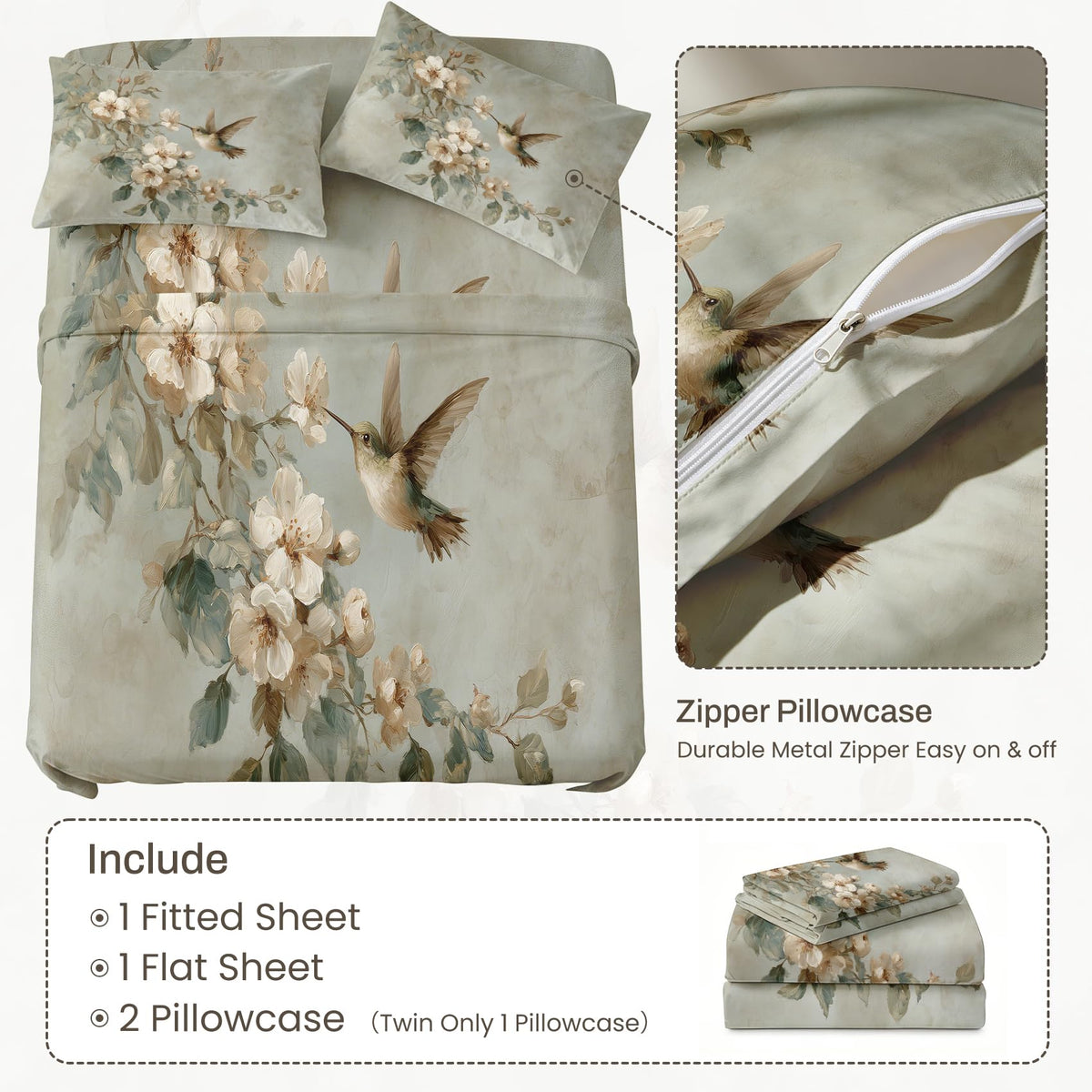 Bird and Flower Bedding Set 4 Pcs Hummingbird Full Sheets