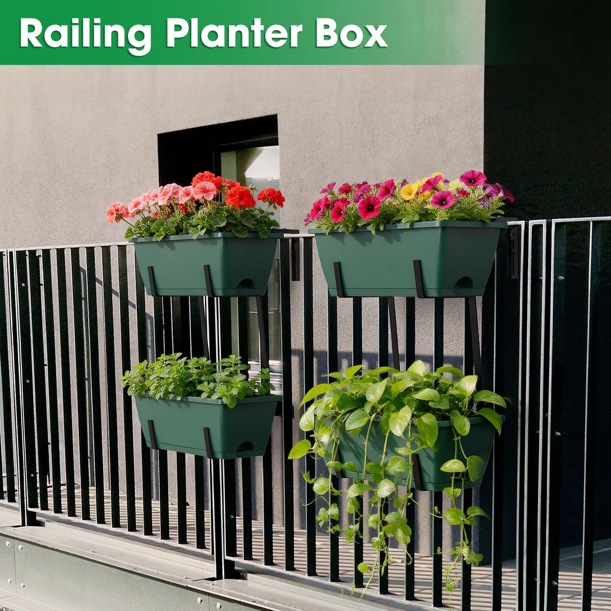Rectangle Planters Box, 4 Pack Deck Hanging Planters for Railings, Window Box Planter with Drainage Holes & Trays, 16.9 Inch Balcony Planters Railing Hanging with Metal Brackets, Black Green (Green)