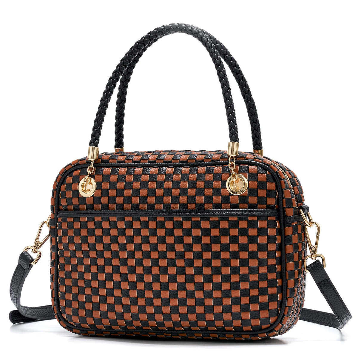 Woven Crossbody Bags for Women, Vegan Leather Two-Tone Satchel with Braided Top Handle, Structured Checkerboard Shoulder Purse with Adjustable Strap