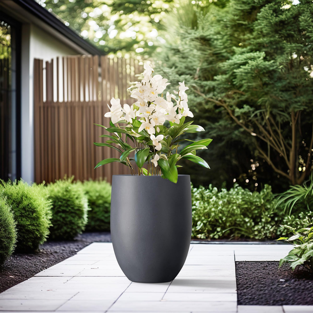 Kante 21.7" H Charcoal Concrete Tall Planter, Large Outdoor Indoor Decorative Pot with Drainage Hole and Rubber Plug, Modern Round Style for Home and Garden