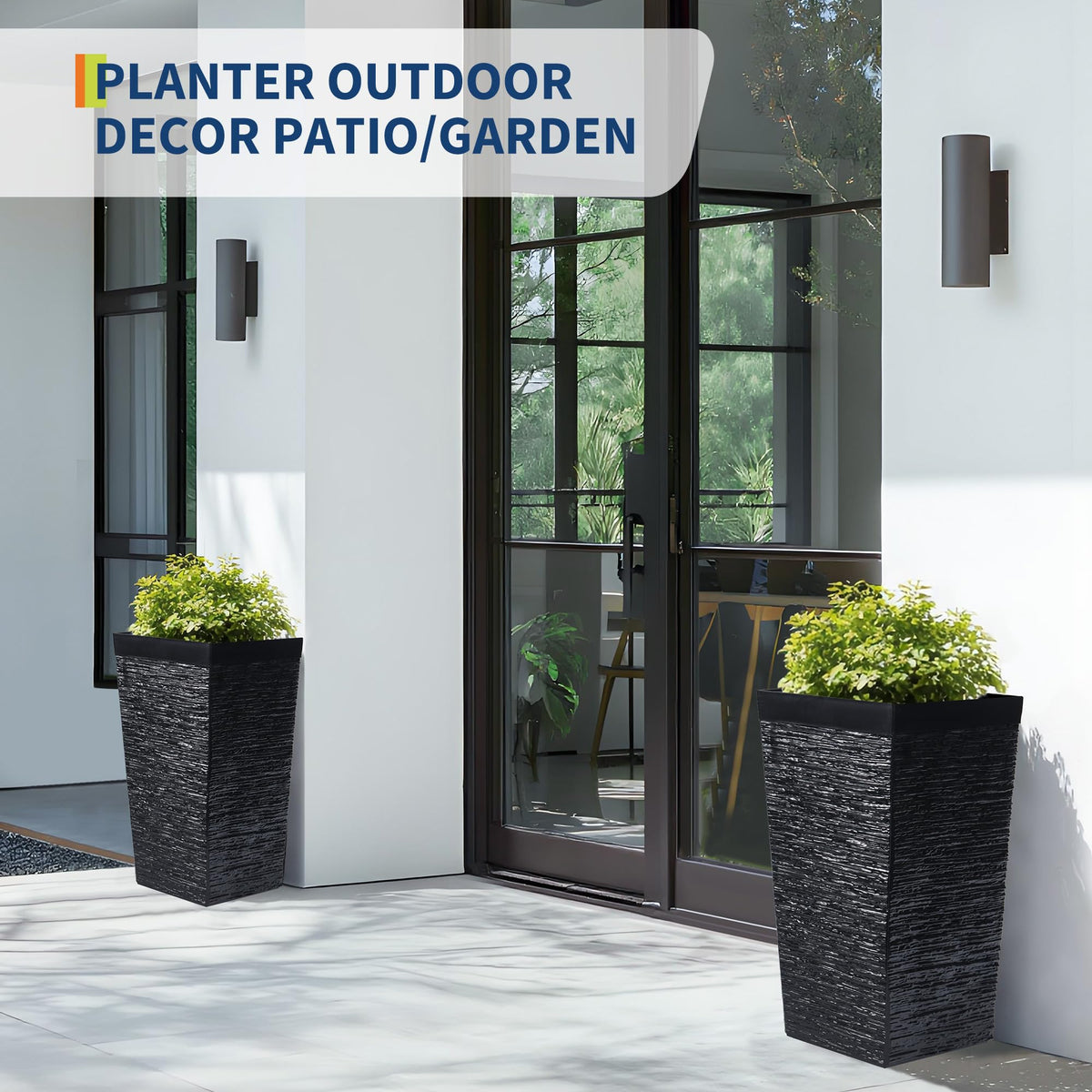 Garvee 22.5" Tall Planters, 3 pcs Outdoor＆Indoor Black Planter Pots, High Front Porch Planter Pots with Drainage Holes, Black