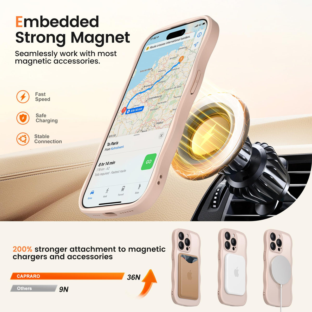 CAPRARO for iPhone 15 Pro Max Case with 360° Spin Magnetic Stand for Women, [Compatible with MagSafe] [Full Camera Protection] Cute Wave Translucent Matte Case for iPhone 15 Pro Max, Rose Gold