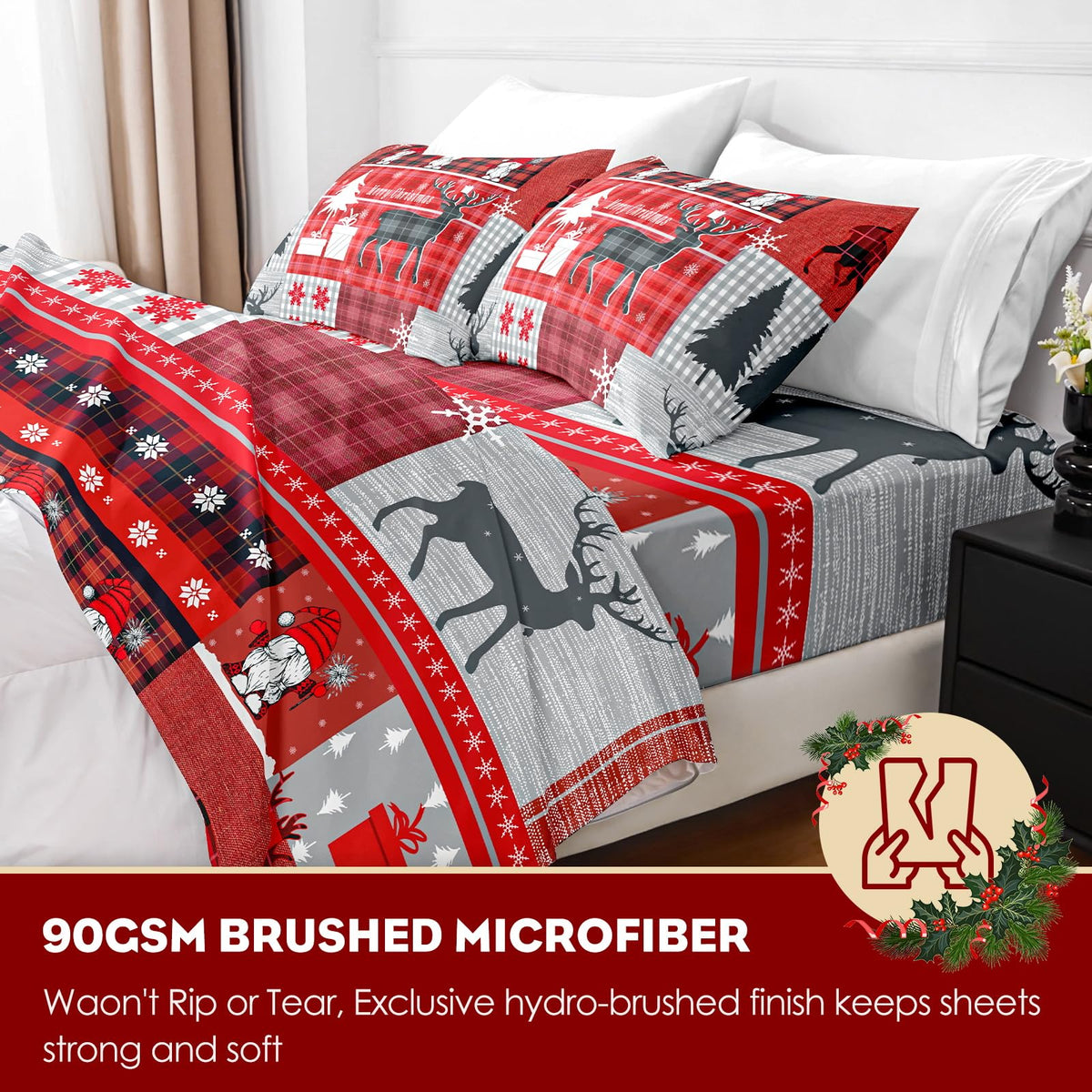 HCORA Christmas King Size Sheets Set, Luxury 1800TC Hotel Quality Double Brushed Microfiber Deep Pocket Bed Sheets, Ultra Soft, Breathable, 4PC, King