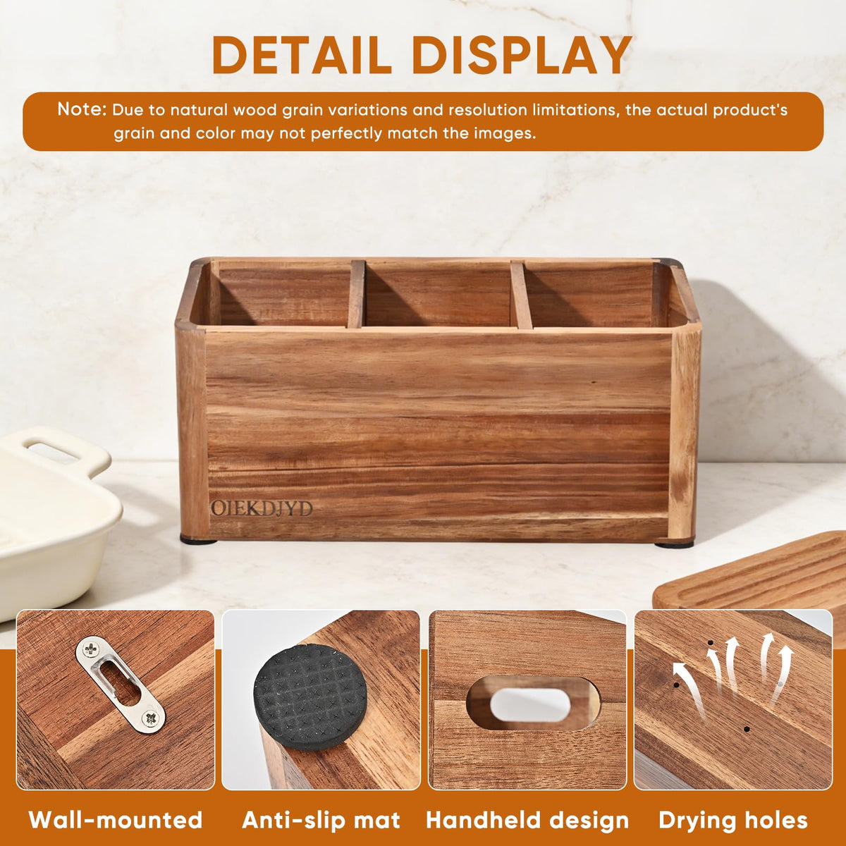 OIEKDJYD Wooden Utensil Holder for Kitchen Counter - Large Utensil Organizer with 3 Compartment, Cooking Tool Crock & Farmhouse Kitchen Accessories