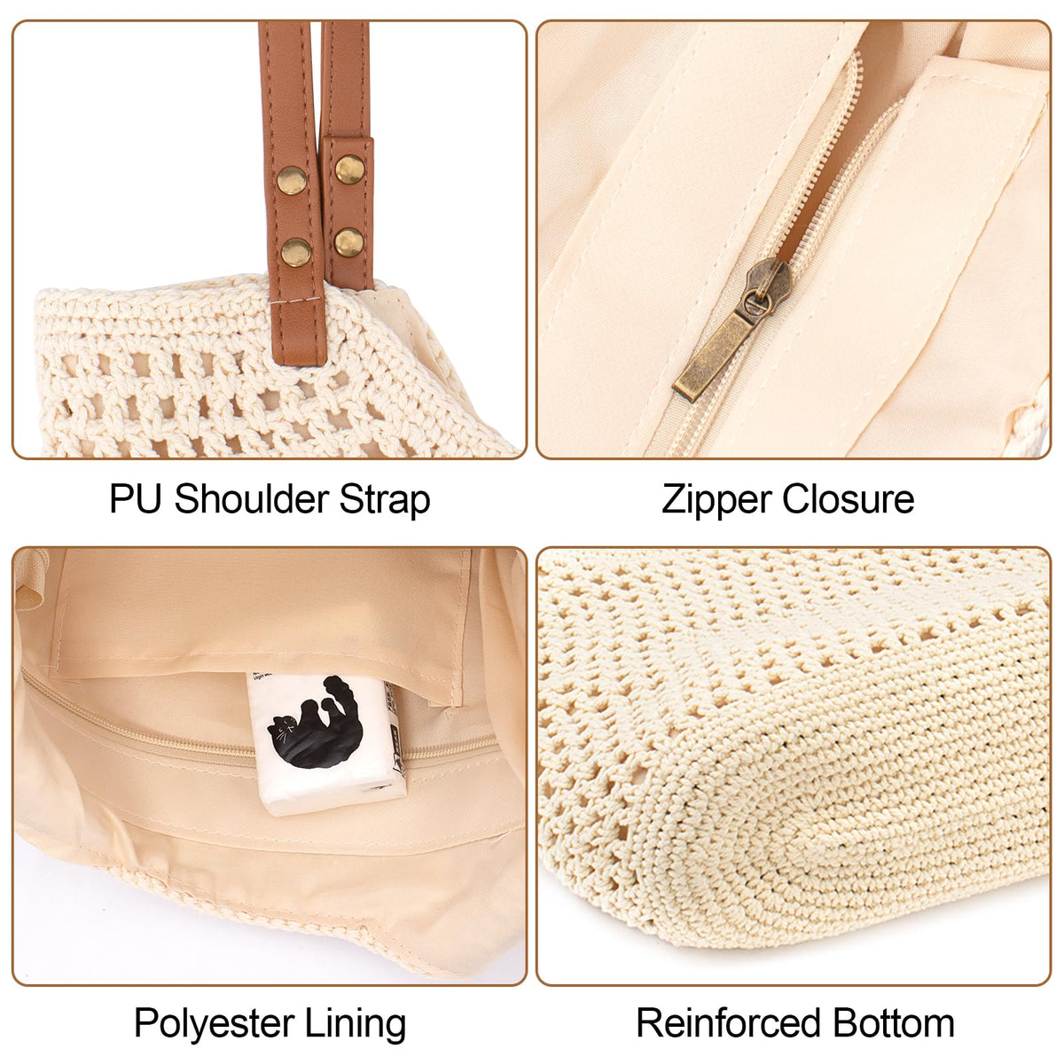 Peicees Crochet Beach Bag Purse, Boho Woven Tote with Leak-Proof Lining For Summer Vacation Travel Casual Shoulder Bag Soft
