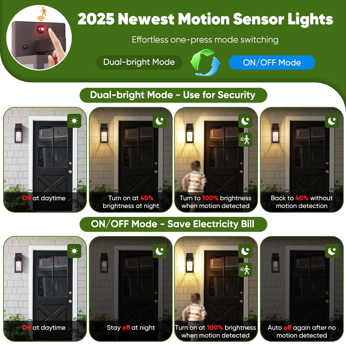 BesLowe 2-Pack Motion Sensor Outdoor Wall Lights, 13in, Brown, Metal, Model A923, Dusk to Dawn, 3 Lighting Modes
