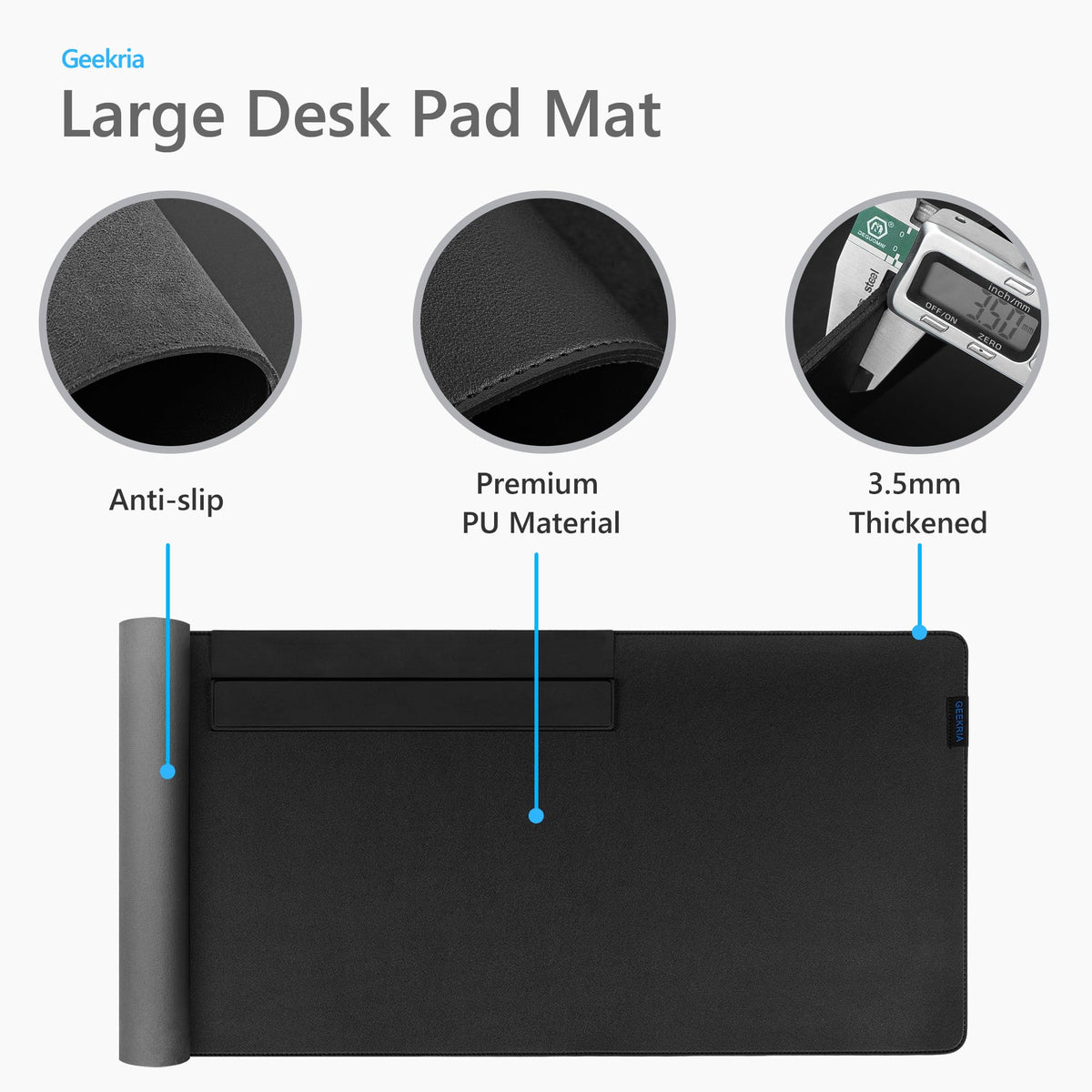 GEEKRIA Leather Desk Pad Protector, Mouse Pad with Dust Cover, Desk Mat, Non-Slip Desk Pad, Waterproof Vegan Leather Desk Blotter Mat, Desk Cover for Office and Home (35.4" x 16.1" Black)