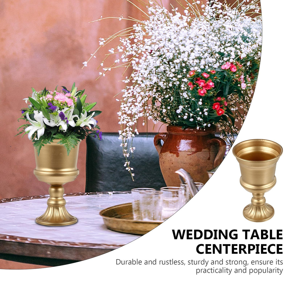 Yardwe Iron Urn Planter, Rustic Metal Flower Pots Decoration Vase for Wedding Party Home Garden Porch Front Door Decoration (Gold)