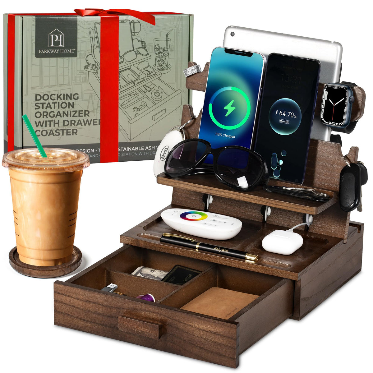 Wood Phone Docking Station for up to 3 Phones - Nightstand Organizer with Drawer for Valuables for Men & Women, Compatible with Apple Watch, Holds Phones, Tablets, Keys, Rings, Glasses, Watches & EDC