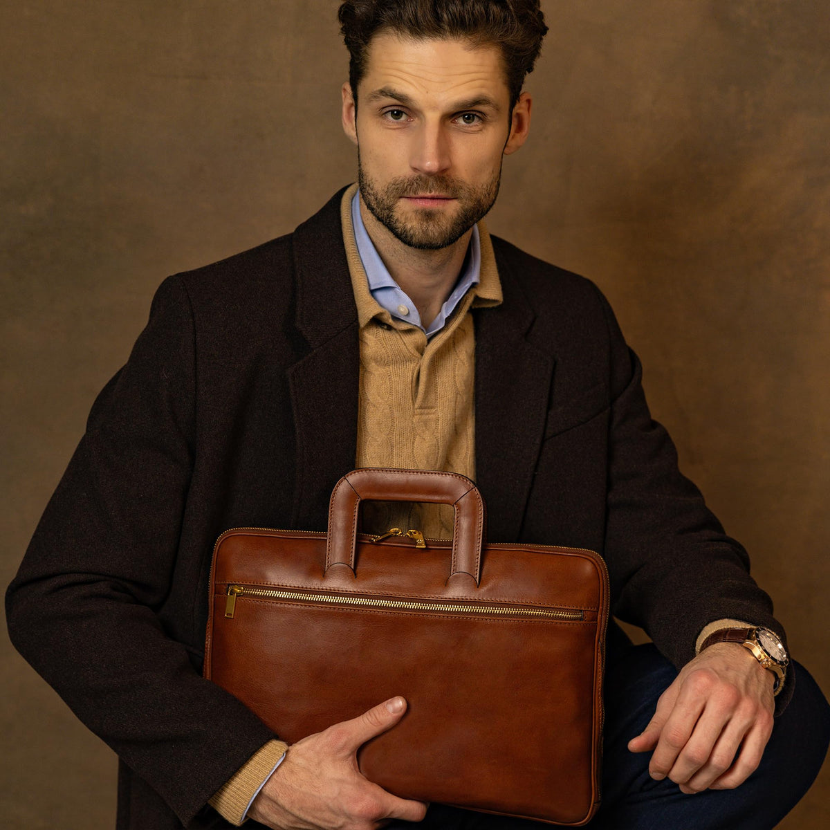 Time Resistance Slim Leather Briefcase - Italian Handmade Leather Laptop Bag for Men and Women (Cognac Brown)