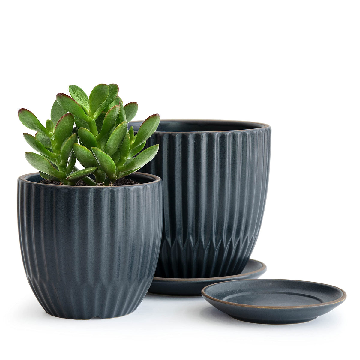 D'vine Dev Set of 2 Stoneware Planter Pot, Ceramic Pot with Drainage Hole and Saucers, 4.5 Inch 5.8 Inch, Charcoal Grey, 99-D-3