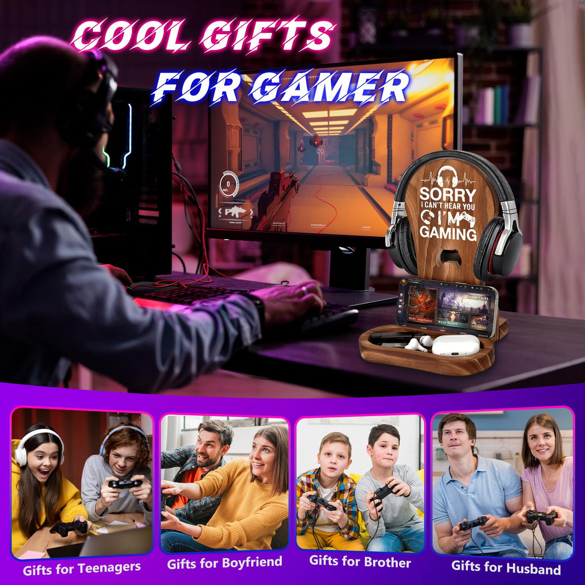 CryCarrot Gamer Gifts for Men Teenage Boys Birthday Fathers Day, Headphone Stand Gaming Birthday Gifts for Him Men Son Boyfriend Brother, Gamer Lovers Room Decor Stuff Wooden Headset Holder