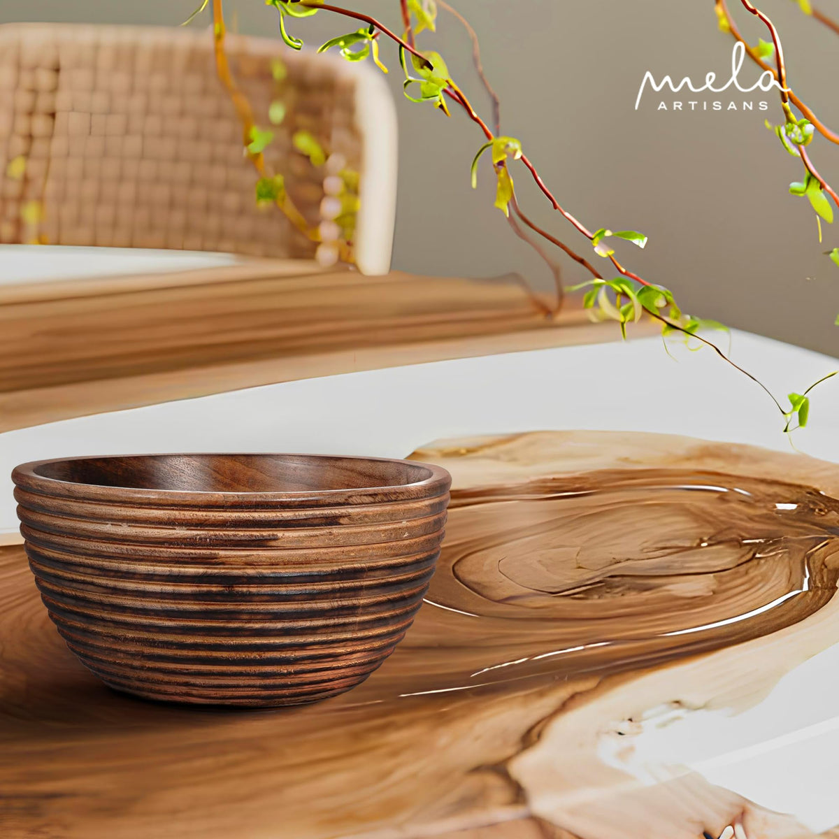 Mela Artisans Wooden Fruit Bowl | Dark Burnt Finish | 9” Decorative Mango Wood Serving Bowl | Multipurpose for Kitchen Countertop | Salad | Snacks | Fruit | Breads & More | Natural Grain Look