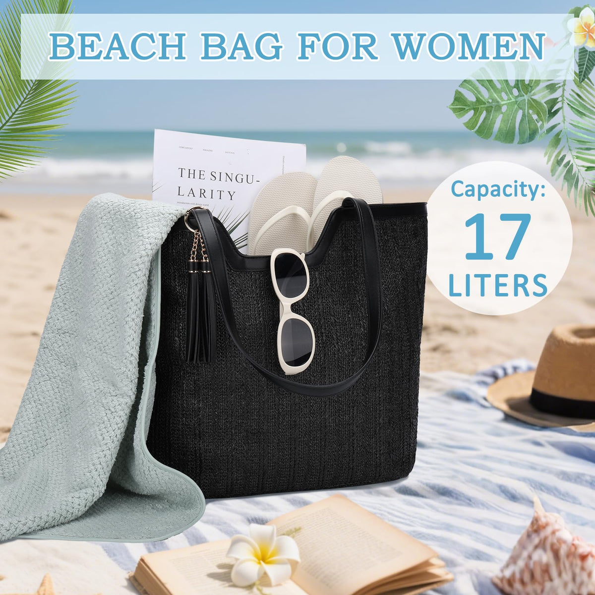 VASCHY Straw Beach Tote Bag for Women, Cute Trendy Woven Crochet Raffia Summer Shoulder Handbags Purses for Travel Vacation Black