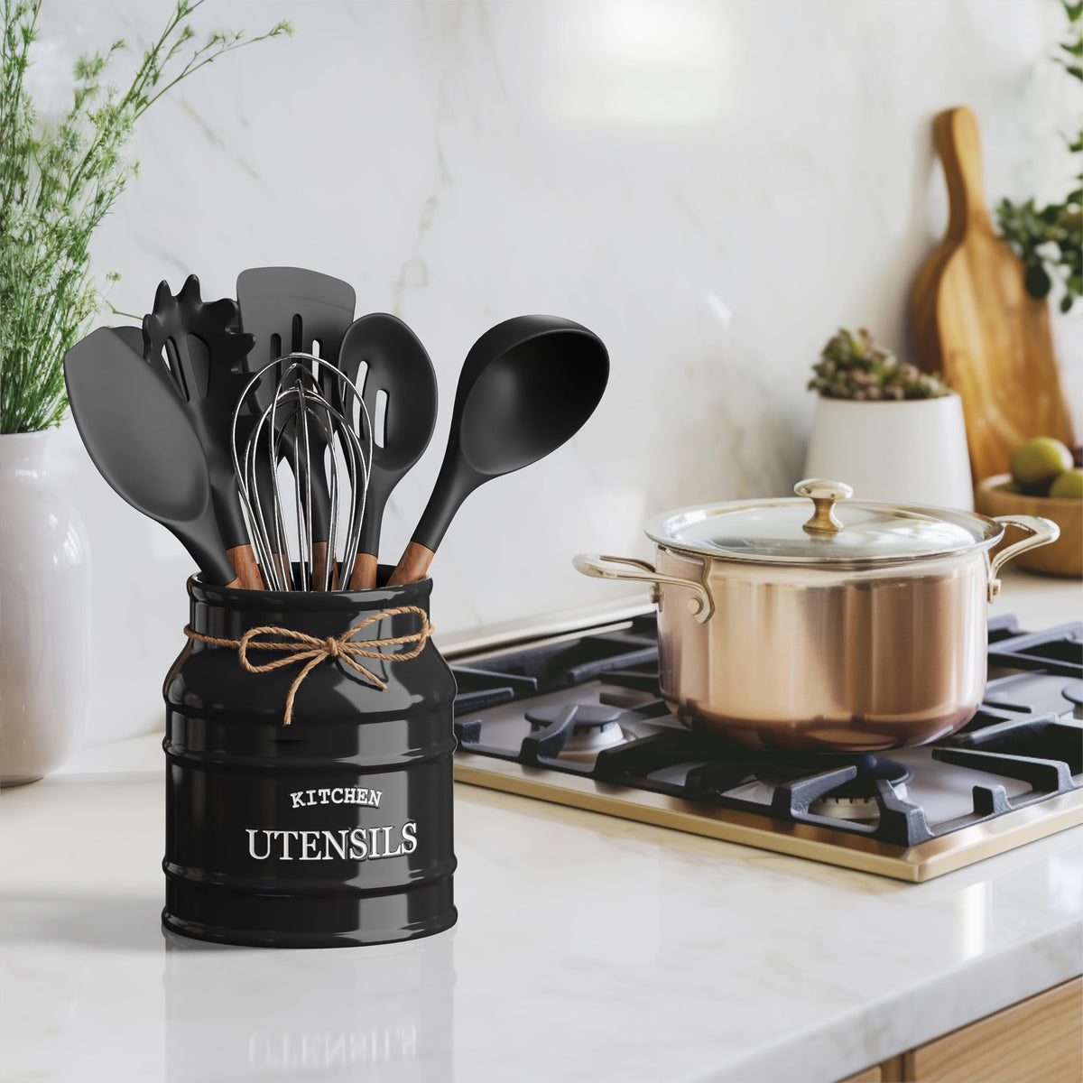 Barnyard Designs Ceramic Farmhouse Utensil Holder for Kitchen Counter, Large Rustic Utensil Crock, Countertop Cooking Tool Spatula Organizer, 6.75” (Black)