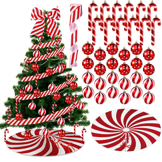 Shappy 38 Pcs Christmas Tree Ornaments Sets, Candy Cane Red White Stripes Xmas Tree Hanging Decorations, Plastic Xmas Ball Variety Shapes with Ribbon New Year Holiday Party Supplies(Cute,47.2'')