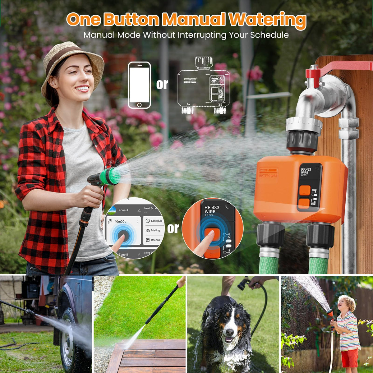 WiFi Water Timer for Garden Hose with 984 ft Range,Smart 2- Zone Sprinkler Timer, APP & Remote Control, Voice Control,Rain Delay, Manual Mode Sprinkler System, Lawn Sprinklers for Yard Large Area