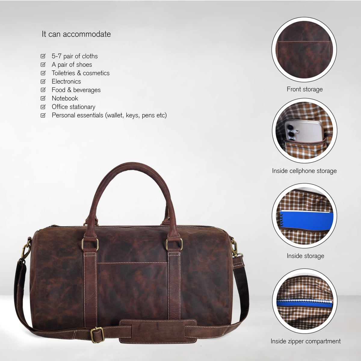 Real Leather Duffle Bag for Men | Vintage Weekender Travel Bag | Overnight Carry-On Luggage | Handmade Leather Gym Bag for Men