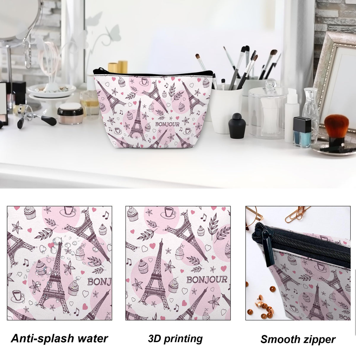 DEMACYA Watercolor Paris Tower Makeup Bag for Purse, Waterproof Funny Cosmetic Bag for Women, Zipper Travel Toiletry Pouch Gift 9.5×5.9 Inch