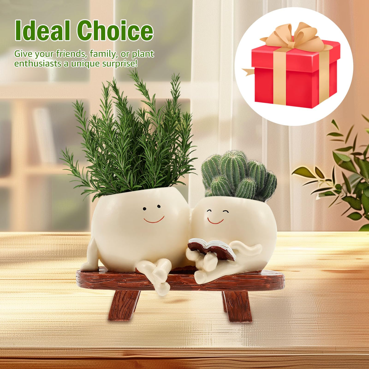 Smily Face Plant Pot, Cute Resin Double Head Planter with Drainage Hole, Novelty Design Chair Succuent Flower Pot, Modern Lady Head Vase Girl Face Planter, Desk Decor Planter for Home or Garden Décor