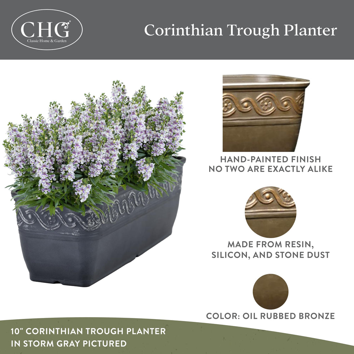 Classic Home and Garden Corinthian Trough Planter, 10", Bronze