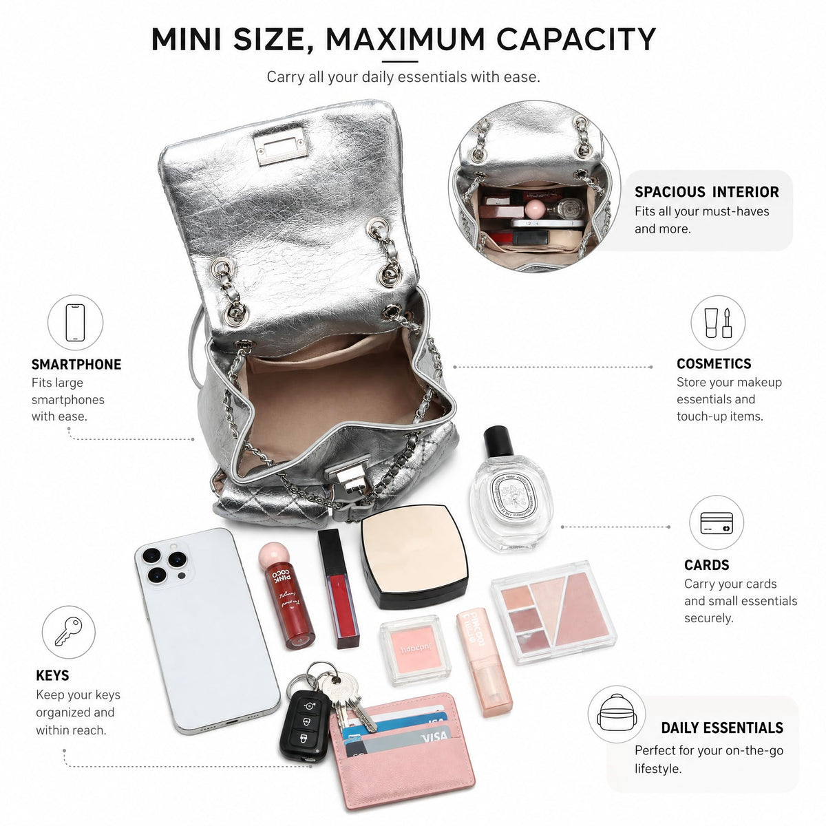 COC.EFRENAR Quilted Mini Backpack for Women, Chain Strap Small Purse with Flap Closure, Fashion Shoulder Bag Cute Travel Daypack(Silver)