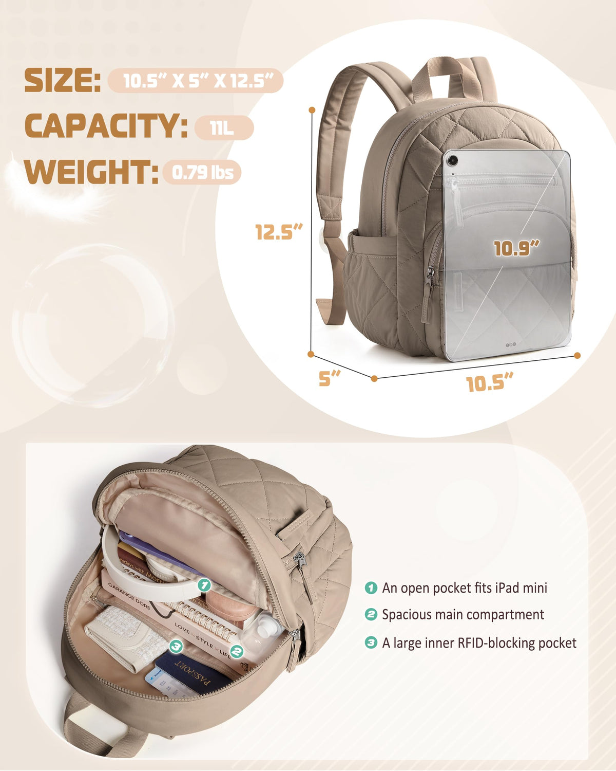 Smasrob Women Mini Backpack with RFID Blocking Pocket, Small Puffer Backpack Purse, Lightweight Quilted Backpack for Work, College or Travel, Camel