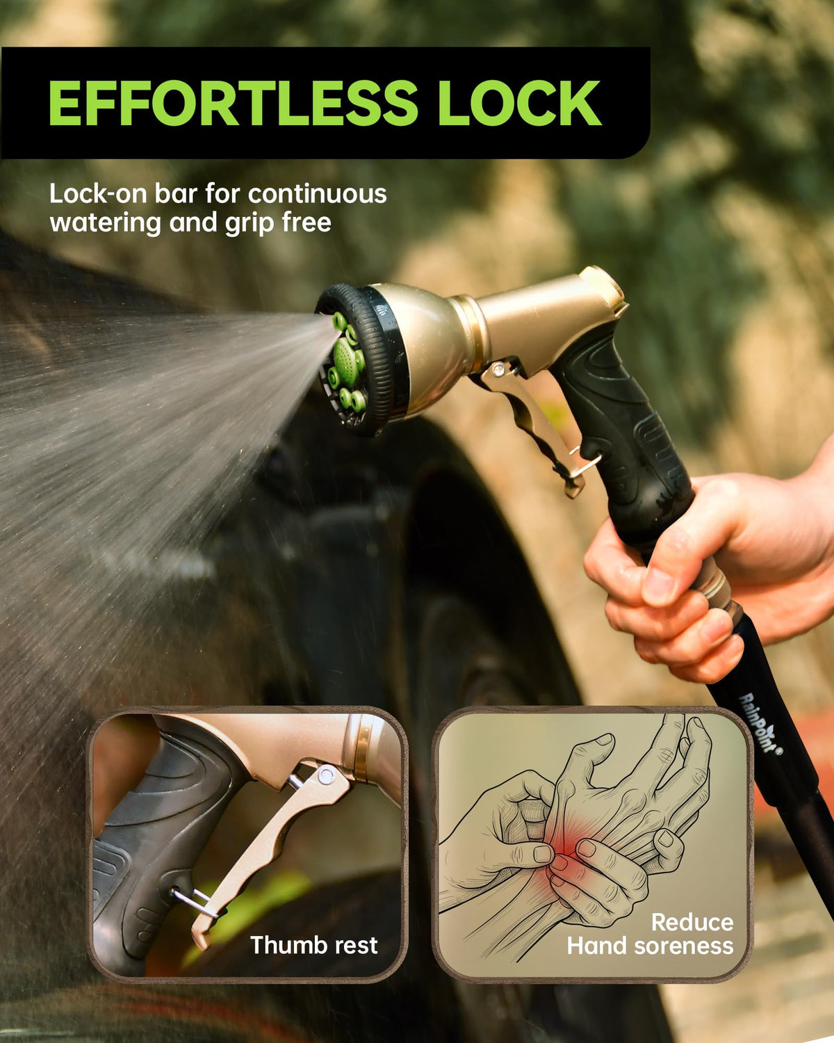 RAINPOINT Garden Hose Nozzle, 9 Spray Patterns Hose Sprayer Nozzle, Heavy Duty Metal Water Hose Nozzle, Adjustable Hand Sprayer, Watering Plants and Lawn, Pet Showering (Nozzle, Green)