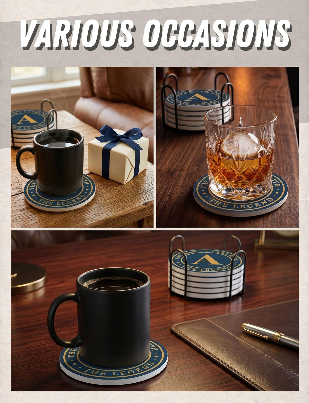 Onebttl Monogram Initial Gifts for Men - The Man The Myth The Legend Ceramic Coaster Set of 6 - with Holder and Absorbent Cork Base - B