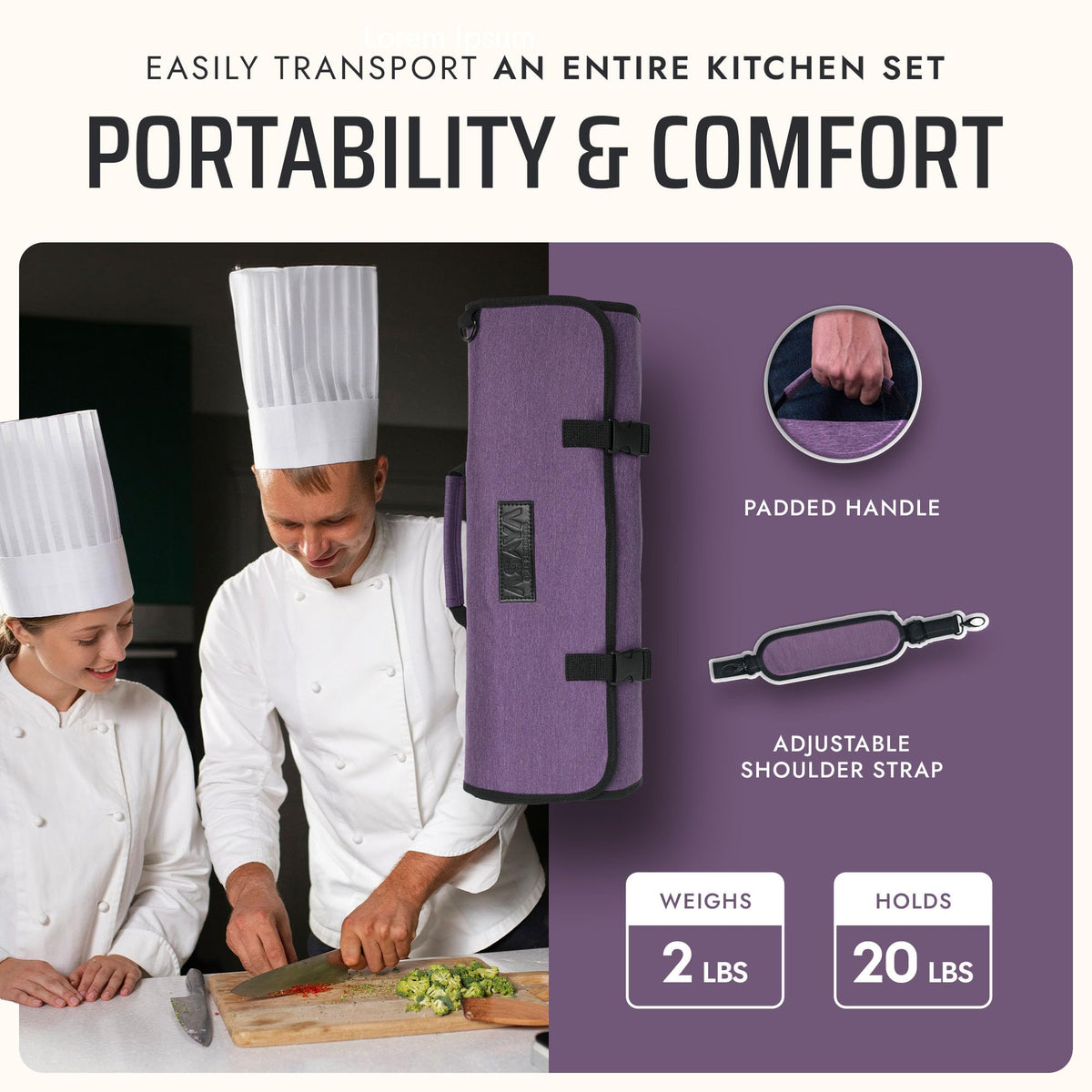 Asaya Waxed Nylon Chef Knife Roll Bag with 20 Slots and Zippered Pockets - Professional Chef Knife Bag & Storage Case, Tool Carrier with Shoulder Strap - Knives Not Included (Purple)