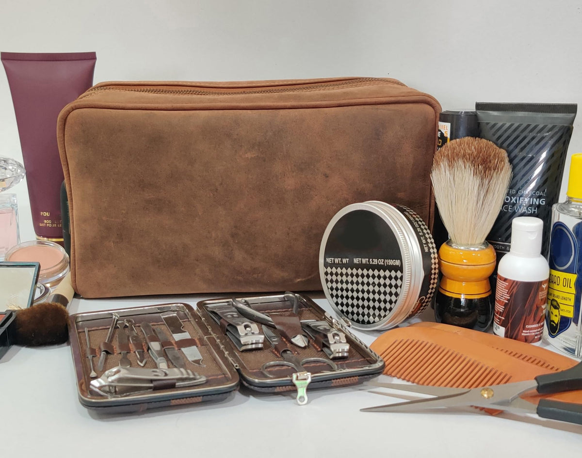 RUSTIC TOWN Full Grain Leather Travel Toiletry Bag - Cosmetic Makeup Kit Organizer (Brown)