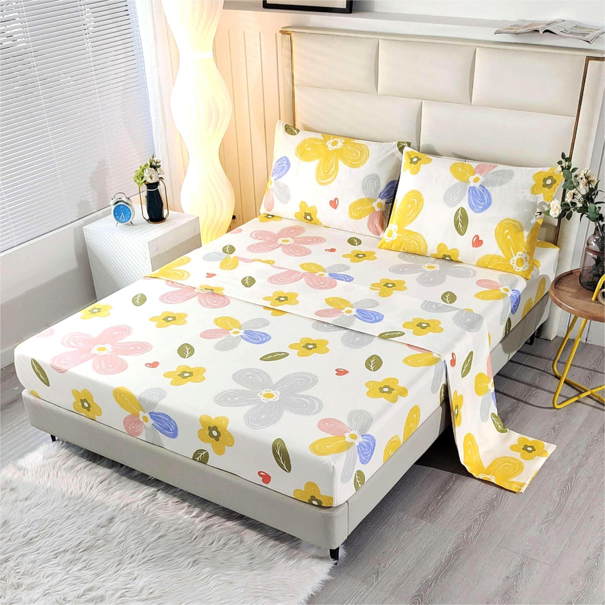 SDIII 4 Pieces Yellow Floral Sheets Set Full, Soft Microfiber Floral Bed Sheets Full Size Deep Pocket, Cute Flower Bedding Sheet for All Season