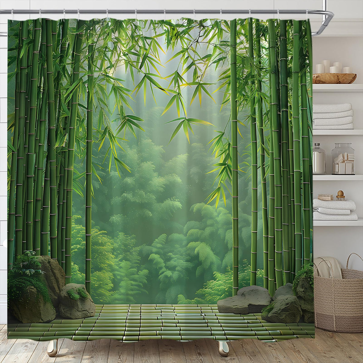 Bamboo Shower Curtain Green Bamboo Forest Japanese Asain Relax Rustic Nature Garden Scenery Landscape Bathroom Curtains Decor Fabric Set Include Hooks,(70" WX70 H)
