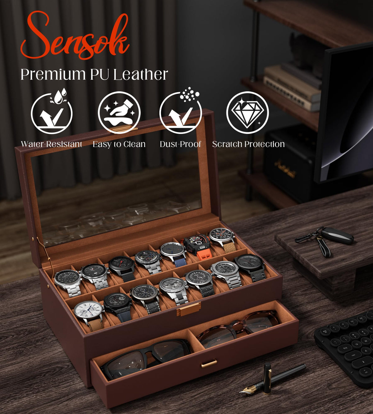 sensok Watch Case Box for Men – 14 Slots Watch Display Organizer with 6-Compartment Eyeglasses Storage, Real Glass Lid 2-Layer PU Leather Collection Holder Gift for Loved Ones Brown