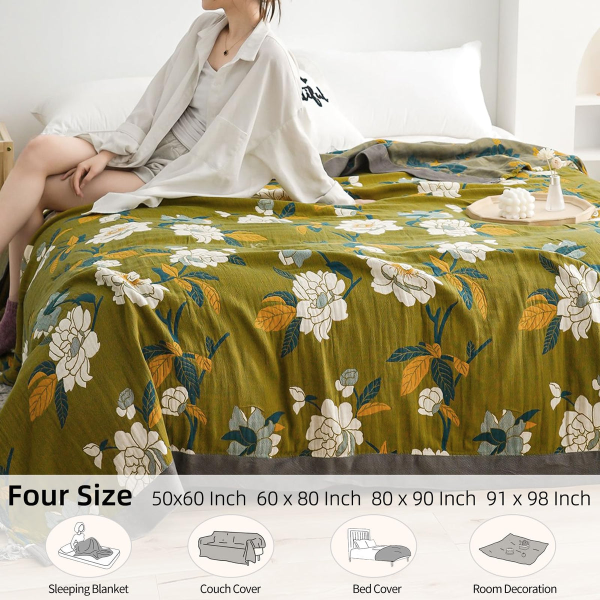 Shesyuki Boho Throw Blanket for Bed - 100% Pure Cotton Ultra Soft Rustic Quilt - Farmhouse Decor Bed Blankets, All Season Rustic Throw for Sofa Couch Chair(91''x 98'', Flower Branch)