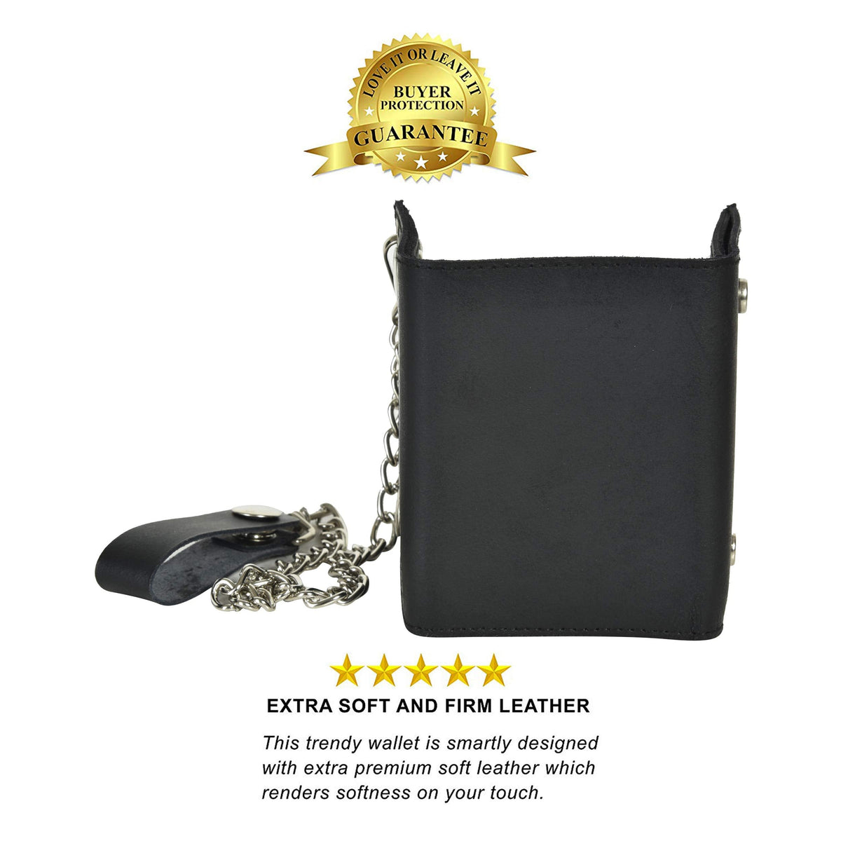 Leatherboss Genuine Leather Men Trifold Biker Chain Wallet Credit Card Holder for Motorcycle Bikers Truckers, Black